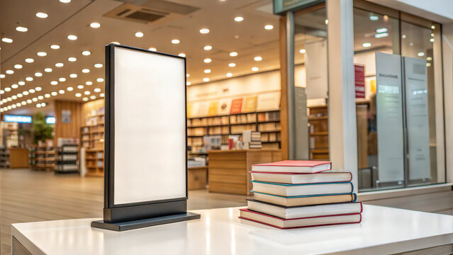 Blank billboard mockup near stack of books on table in cozy bookstore