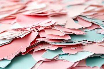Obraz premium A vibrant collection of torn paper pieces in shades of pink and blue scattered across a tabletop. This chaotic arrangement highlights creativity in an art or crafting session