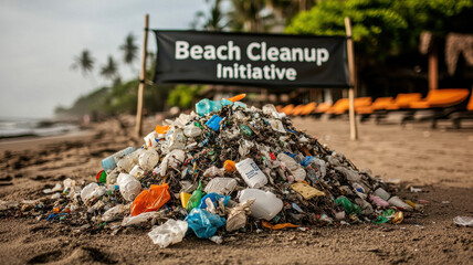 Trash on Beaches and Grand Ocean Pollution Concept, pile of plastic waste collected during beach cleanup initiative