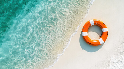 Vibrant lifebuoy rests on serene beach with clear turquoise water