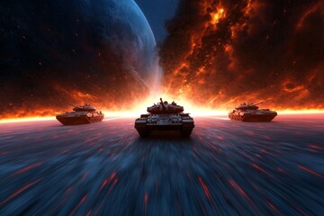Military tanks advance through a fiery landscape with a cosmic backdrop showcasing intense colors and dramatic visuals