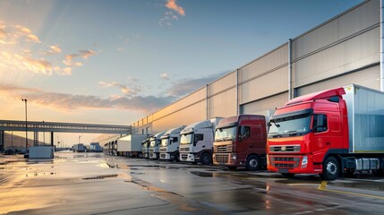 Naklejka premium Multiple delivery trucks of various sizes, neatly lined up along a loading dock at a bustling logistics facility