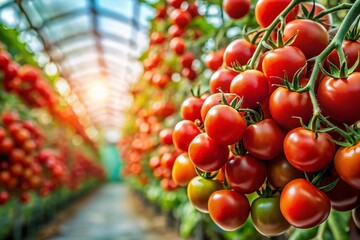Juicy Red Cherry Tomatoes Close-Up in Greenhouse - Fresh Farm Produce