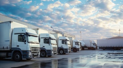 Multiple delivery trucks in different sizes, parked in a neat row at a high-tech distribution facility