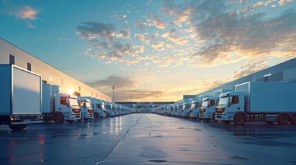 Various-sized delivery trucks parked in a straight line outside a state-of-the-art warehouse