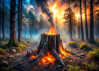 Surreal Forest Fire Aftermath: Burnt Tree Stump in Eerie Landscape