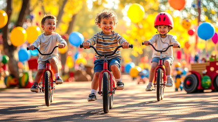 Fototapeta premium Three children riding bikes in a park with balloons