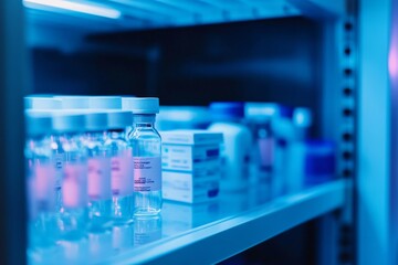 A refrigerated setting showing medical vials neatly arranged on a shelf, with cool blue lighting