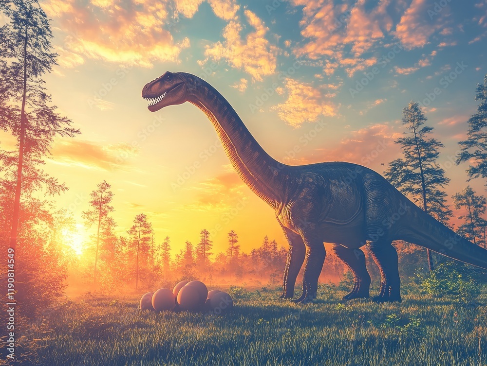 Wall mural Dinosaur at Sunrise in a Forest Clearing with Eggs and Vibrant Hues