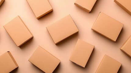 Minimal Kraft Packaging Boxes Over Soft Background in Flat Lay Style
