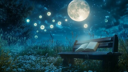 Fototapeta premium A magical meadow under a full moon, with glowing orbs floating in the air and a book resting on a wooden bench, book fantasy with copy space