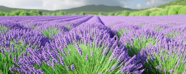 Vast Lavender Fields Under a Clear Sky - A Serene Landscape of Purple Blooms and Distant Hills