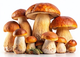 King Bolete Mushrooms,  Porcini Fungi Isolated on White Background - High-Resolution Stock Photo