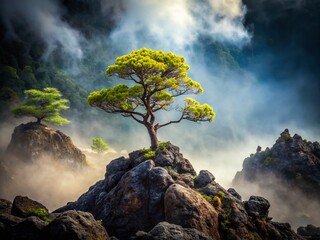 Surreal Misty Volcanic Landscape: Small Tree Growing on Lava Rock