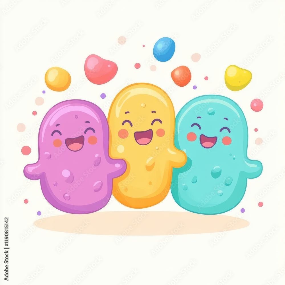 Fototapete smiling cartoon microbes celebrating together in a joyful, colorful setting with playful bubbles flo