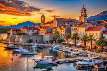 Fototapeta premium Korcula Island Harbor: Picturesque Croatian Coastal Town, September Sunset