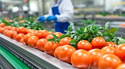 food safety inspection compliance. A worker inspects fresh tomatoes and greens on a production line in a bustling agricultural facility.