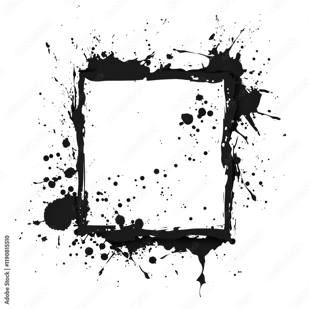 Poster An abstract image featuring a rectangular frame formed by black ink splashes and splatters on a black background.
