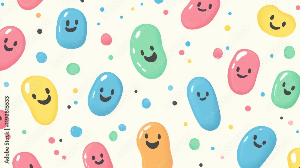 Poster Smiling cartoon microbes in various colors create a cheerful pattern on a light background. Generative AI