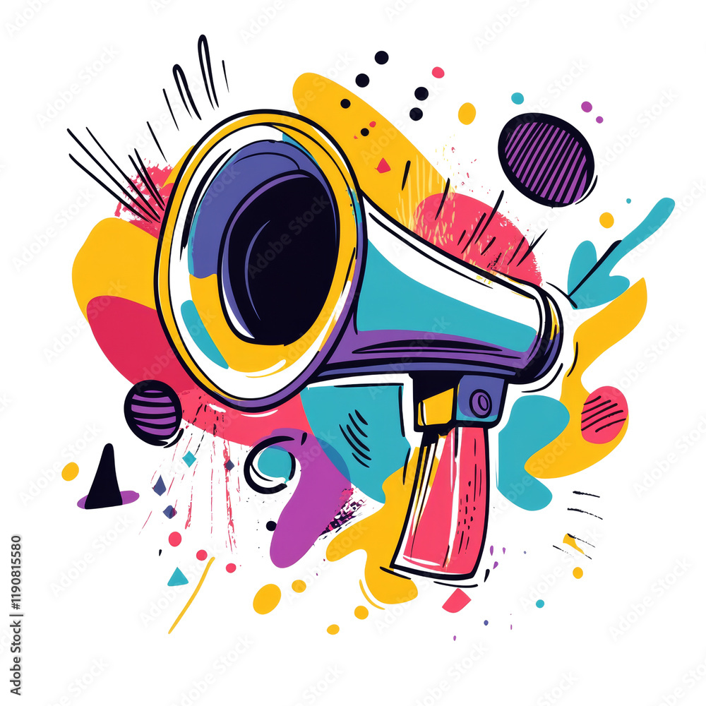 Poster a stylized illustration of a megaphone surrounded by vibrant abstract shapes and colors symbolizing 