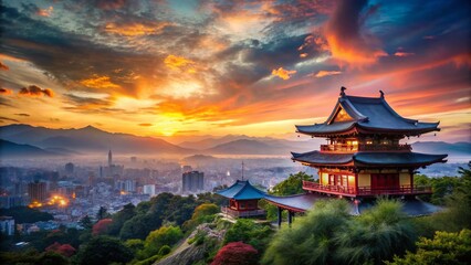 Fototapeta premium Kyoto Sunset Skyline Double Exposure: Kiyomizu-dera Temple Panoramic View