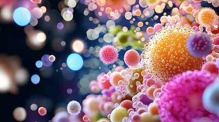 food safety inspection compliance. A colorful, abstract representation of microorganisms and particles, showcasing a vibrant and intricate microscopic world.