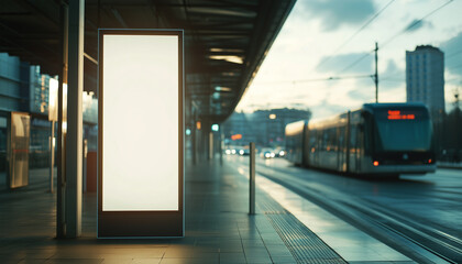 A vertical digital billboard at a bus station. Illuminated mockup poster with tram and traffic on either side, set against a sunset background.