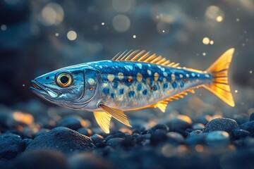 Fototapeta premium It is a fish with blue spots, a white belly, and yellow fins that swims leisurely on a gravel bottom in the water, similar to a mackerel.