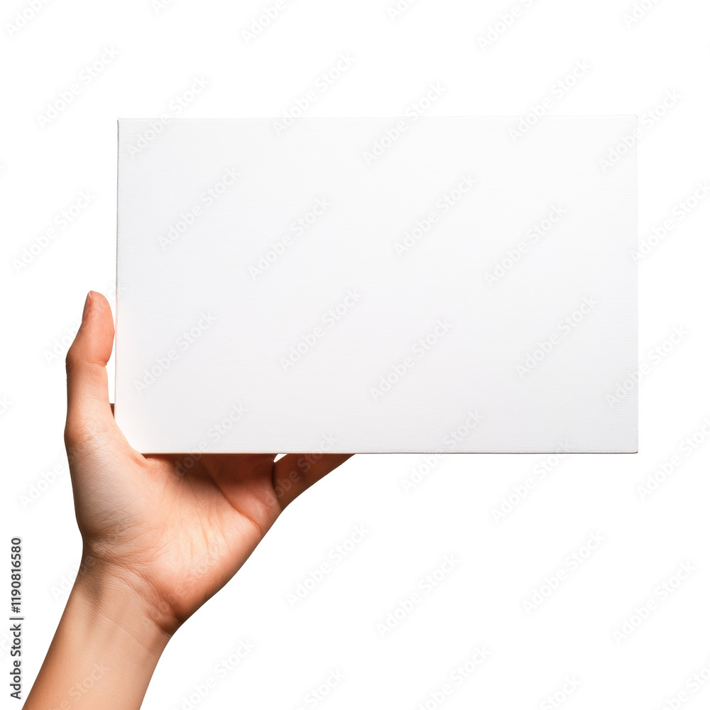 Poster the image shows a hand holding a blank white rectangular card against a black background suitable fo