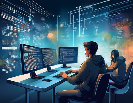 Generated image A scene showcasing a team of software developers coding, collaborating, and testing applications