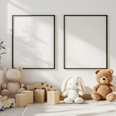 Nursery room with two posters frames on wall. Teddies and bunnies with wall art mockup.
