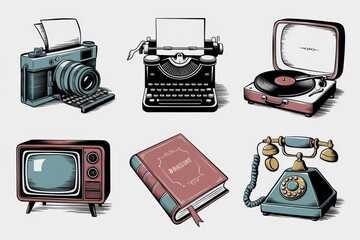 Naklejka premium Vintage Technology and Media Collection Illustrative Art