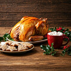 A complete Christmas dinner with roast turkey, side dishes, and festive decorations on a wooden.