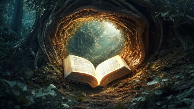 A swirling portal of light in the middle of an enchanted forest, with an open book glowing at the center, book fantasy with copy space