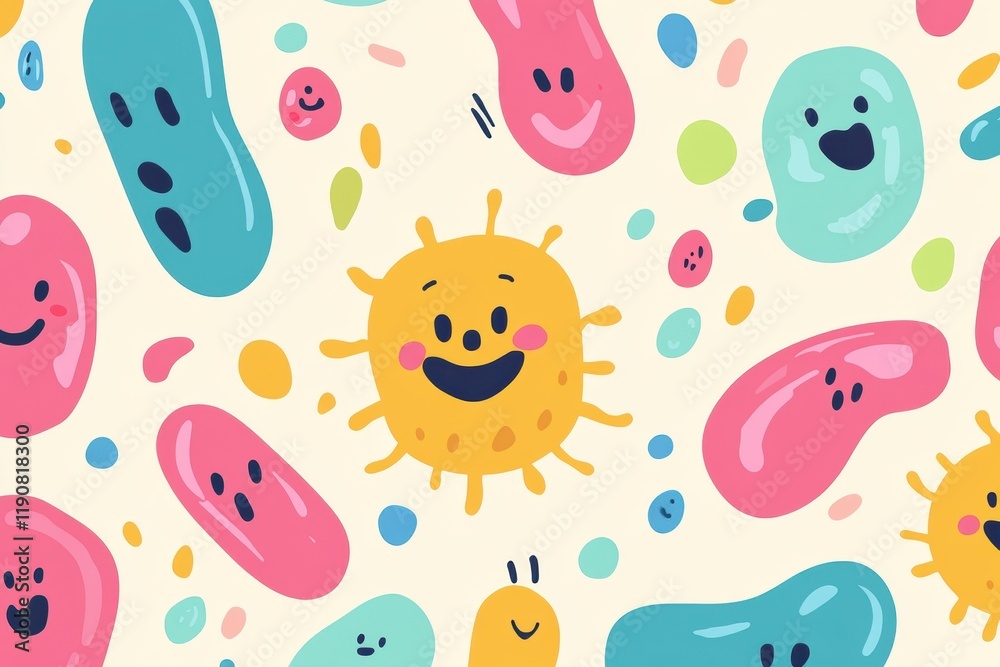 Leinwandbilder smiling cartoon microbes with vibrant colors creating a joyful background pattern full of life and e