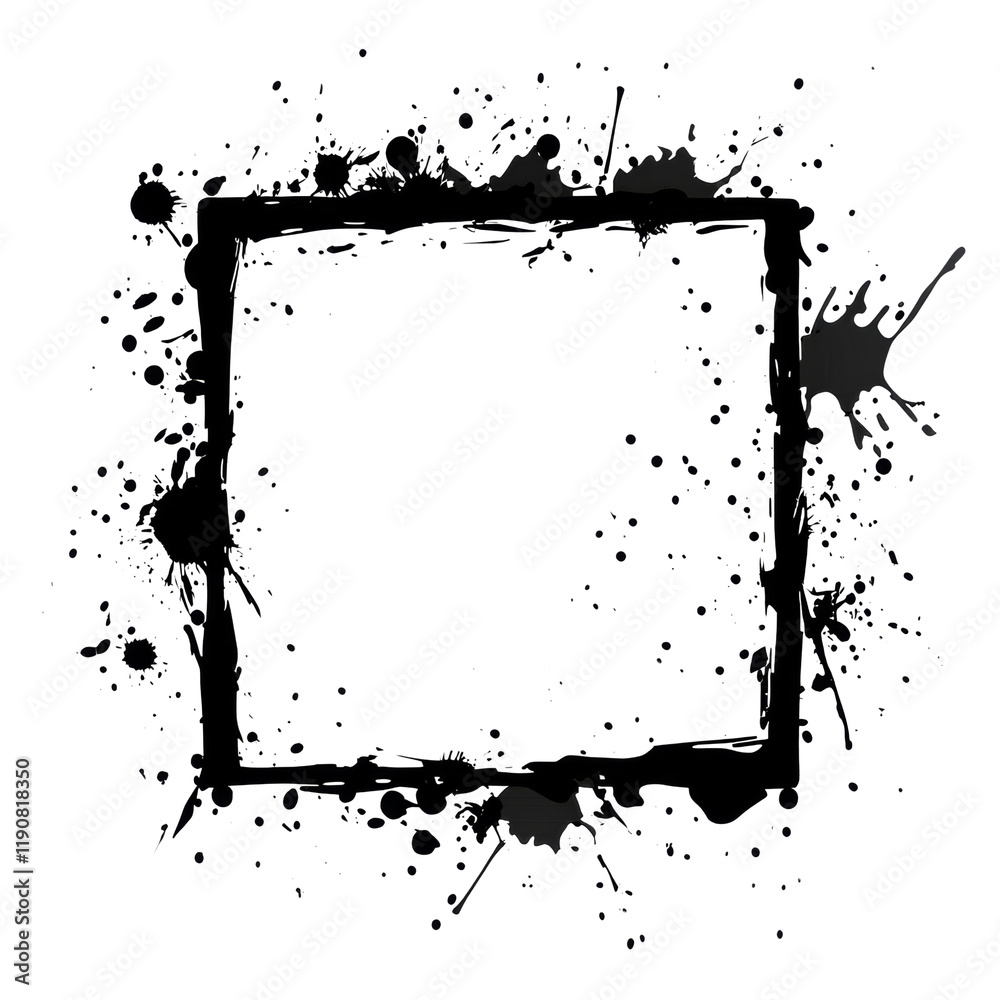 Aufkleber An abstract image featuring a square frame outlined in white against a black background with surrounding ink splatters.