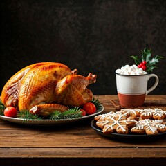 A complete Christmas dinner with roast turkey, side dishes, and festive decorations on a wooden.