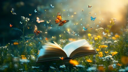 Naklejka premium A glowing flower field with a floating book and colorful butterflies in the air, book fantasy with copy space