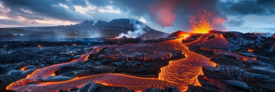 Volcanic landscape with glowing lava flows and fiery terrain