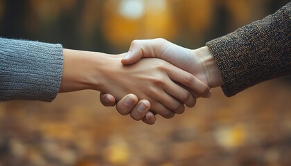 Handshake, two people, blurred autumn leaves background. Possible use agreement
