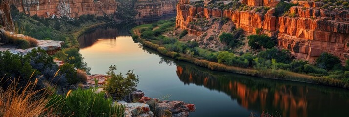 Winding river in a canyon with red rocks and lush greenery