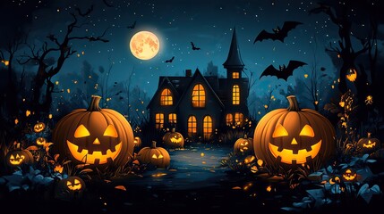 Fototapeta premium Halloween haunted house illustration featuring pumpkins, a full moon, and bats on a dark blue background