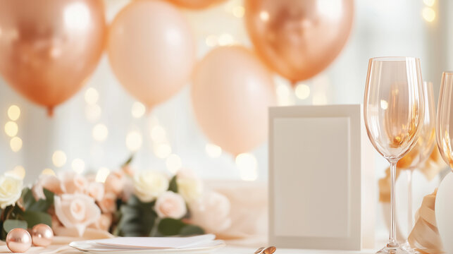 Sophisticated Party Setup with Rose Gold Balloons and Glassware for a Special Occasion. sophisticated party, rose gold balloons, elegant glassware, festive celebration, special occ