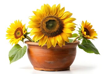 Obraz premium Single Sunflower in Clay Pot, Isolated White Background - Stock Photo