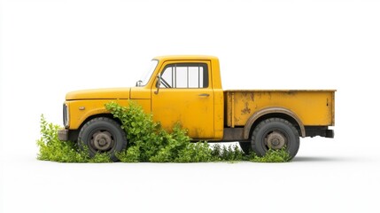 Fototapeta premium Rustic yellow pickup truck surrounded by lush greenery on white background. Generative AI