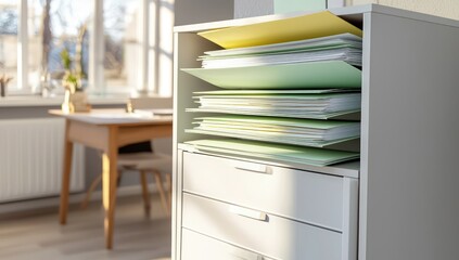 A matte white file cabinet holding pastel green and yellow paper sheets in its top section