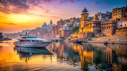 Fototapeta premium Surreal Varanasi: Yacht Sailing Past Ancient Ghats at Dawn