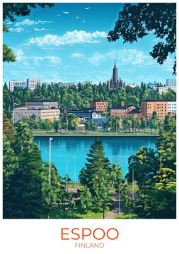 Espoo Finland Travel Poster Flat Illustration Print Decor Gift Canvas Wall Art Gift