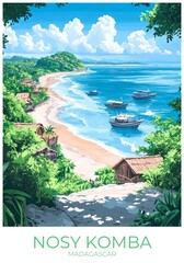 Nosy komba Madagascar Travel Poster Flat Illustration Print Decor Gift Canvas Wall Art Gift