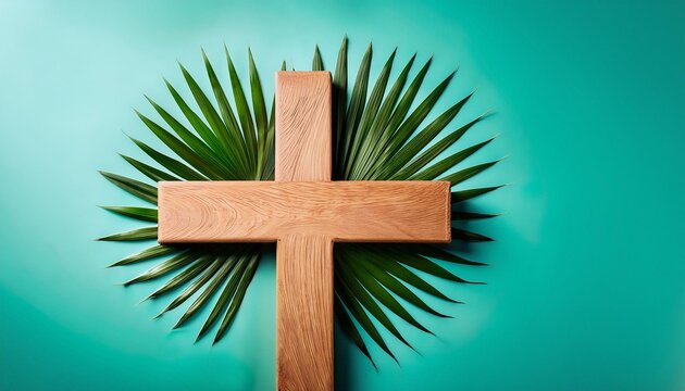 Generated image Wood cross with palm leaves Happy Easter